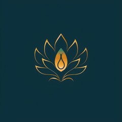 Golden lotus flower with a central flame on a dark teal background. Yoga and spirituality concept. Design for poster, invitation, greeting card. Ayurvedic hebs, Ayurveda, Generative AI