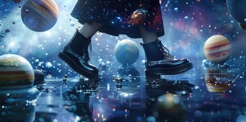 high fashion, a woman wearing black shoes with a galaxy print on them, walking in space surrounded by planets and stars, fashion photography, with a dark blue background, taken from a low angle