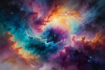 Fototapeta premium Mesmerizing Watercolor Nebula Painting with Vibrant Turquoise, Magenta, and Gold