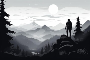 backpacking flat design side view diverse landscapes theme animation black and white