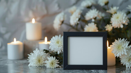 Solemn condolence background featuring a blank black frame, white chrysanthemums, and burning candles on a textured surface