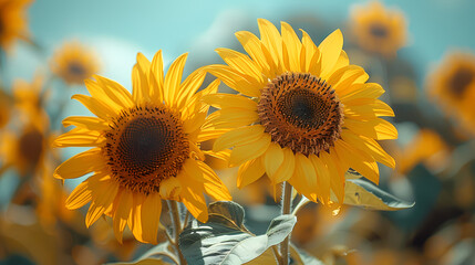 Two sunflowers in the sunny ambience. Light blue background with shadow.