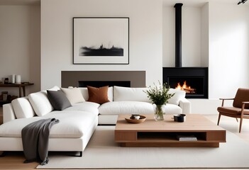 3D A modern living room with white sofa, home desk, dry flowers in a vase, ceramics, fireplace, industrial style