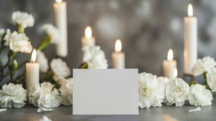 Blank condolence card surrounded by white roses and soft candlelight, creating a peaceful funeral background perfect for bereavement messages