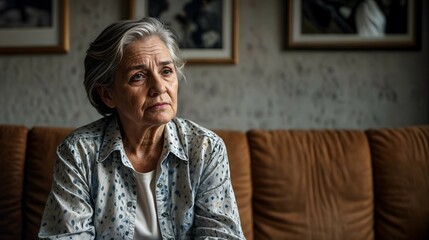 elderly woman with depression sitting in the living room of her home