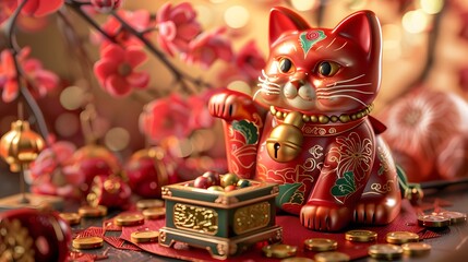 Lucky Cat, golden fur, lifting its right front leg, surrounded by shimmering gold coins and sparkling jewels, digital art, intricate detail, highly realistic. 3D. Realistic. Printing. Illustrate. Gene