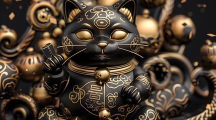 Fototapeta premium Ancient Egyptian Lucky Cat, right front leg up, surrounded by golden hieroglyphic coins, pyramids in the background, mystical and detailed. 3D. Realistic. Printing. Illustrate. Generate AI.