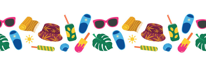 Summer seamless border. Soda, beach towel, flip flops, ice cream, monstera. Modern vector illustration for summer design © GORBUSHA