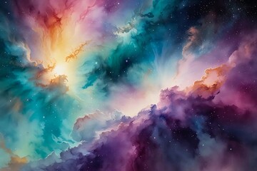 Fototapeta premium Ethereal Celestial Phenomenon: Vivid Watercolor Nebula Art