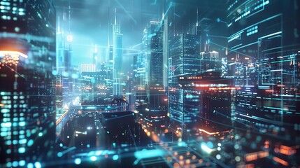 Business and market development in a futuristic cityscape viewed through a digital lens