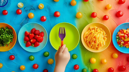 A child's hand holds a fork at school with food-filled dishes of healthy food either side. Strawberries, Pasta, green vegetables and peppers. Vibrant and colorful background.