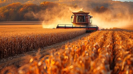 A combine harvester working through a vast cornfield.