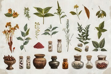 Extensive collection of medicinal plants and traditional herbal containers. Detailed botanical illustration for herbalism. Ayurvedic hebs, Ayurveda, Generative AI