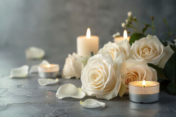 Tranquil sympathy background featuring white roses, tea lights, petals, and burning candles on a textured gray surface
