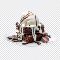 Chocolate brownie cake with ice cream isolated on transparent background.