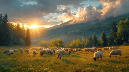 A flock of sheep grazing on a hillside meadow. - Powered by Adobe
