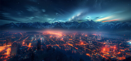 Night time, city scape, city lights, northern lights above city, elevated view from the east of the...