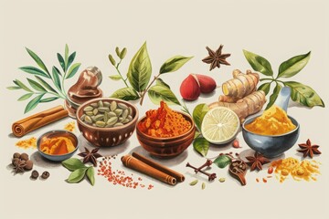 Assorted spices and culinary herbs illustration. Vibrant collection of cooking ingredients including ginger, star anise, and cinnamon.Ayurvedic hebs, Ayurveda, Generative AI