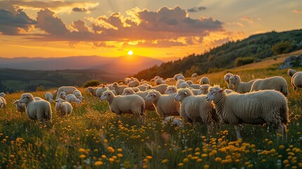 A flock of sheep grazing on a hillside meadow.