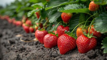 Rows of strawberry plants, with ripe red berries peeking out.