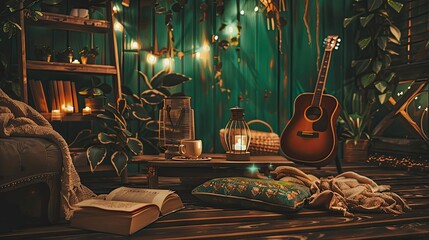 A cozy setup on a wooden terrace with a person relaxing with a book, a coffee on the table, and a classic guitar propped up next to them, ready for a music break