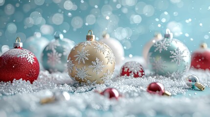 A 3D Christmas scene with snowflakes and balls