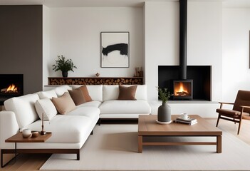 Fototapeta premium 3D A modern living room with white sofa, home desk, dry flowers in a vase, ceramics, fireplace, industrial style