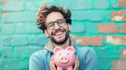 Cheerful man with a piggy bank representing savings