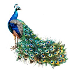 Obraz premium Isolated peacock displaying its vibrant feathers on a white background