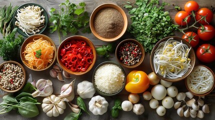 Asian food ingredients, Healthy Diet. top view. Generative AI.