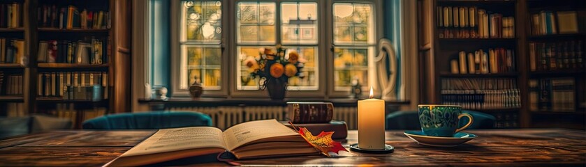 A romantic table setting with a flickering candle, a novel, a warm cup of coffee, and a fresh arrangement of colorful fall leaves in a quaint, softly lit room