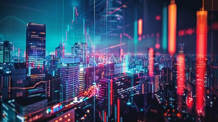 Cityscape with digital enhancements symbolizing futuristic financial markets