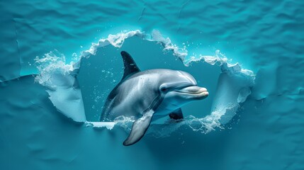 Obraz premium A fascinating scene of a dolphin breaking through the hole in a paper background