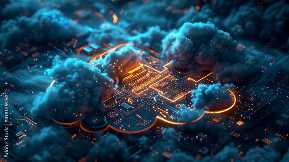 Poster a glowing cloud server in the shape of a circuit board, set against a dark background
