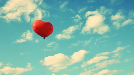 Love in motion, A single red heart-shaped balloon floating gracefully against a clear, blue sky, Minimal Valentine's Day and love concept, With copy space, balloon in the sky, vintage retro style
