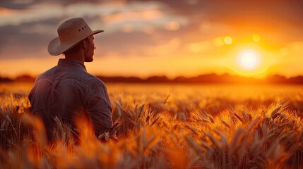 Fototapeta premium A farmer's silhouette against a golden sunset in a wheat field.