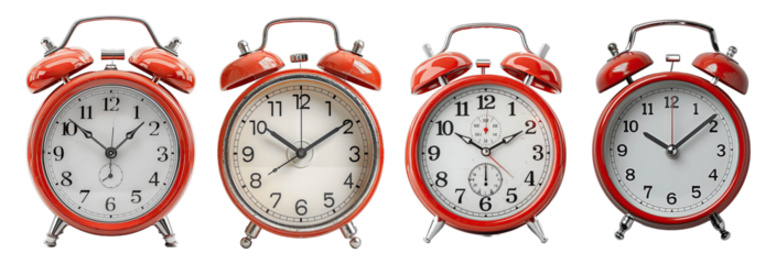 Set of 4 red  alarm clocks isolated on white background.