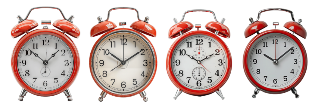 Set of 4 red  alarm clocks isolated on white background.