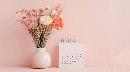 Calendar and vase with flowers for International Women Day