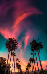 Palm trees line a road with a stunning twilight dusk sky showing pink and purple clouds, creating a synthwave effect.