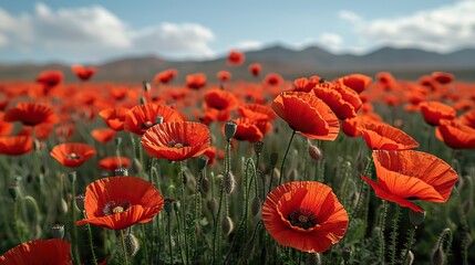 A field of bright red poppies in full bloom.