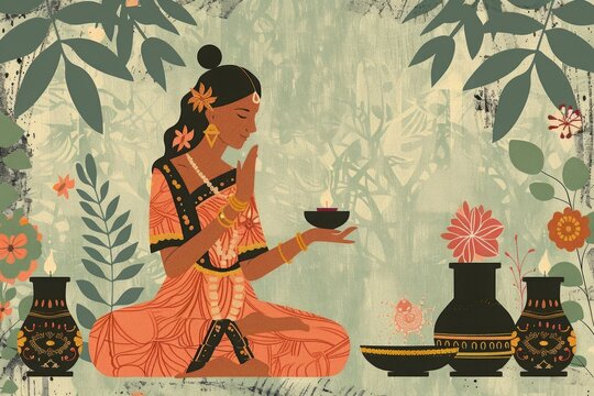 Serene illustration of an Indian woman in traditional attire performing a ritual. Ayurvedic hebs, Ayurveda, Generative AI