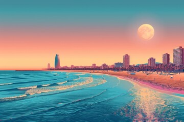Obraz premium Illustration of Barceloneta Beach, Barcelona, Spain