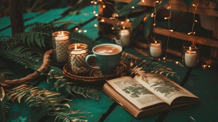 A warm and inviting wooden terrace of a cozy house, with a person lounging with a good book and a mug of coffee, enjoying the peaceful environment