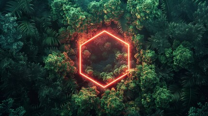 A mystical sight of a glowing neon hexagon of green and red