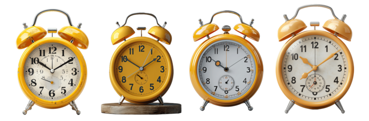 set of Realistic 4 yellow alarm clock isolated on transparent background
