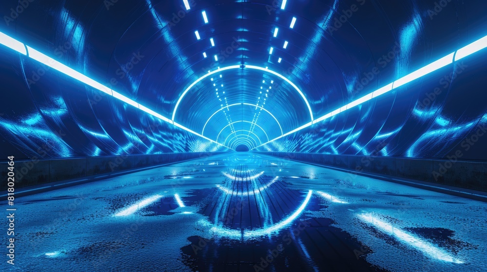 Poster future abstract. blue dynamic core in 3d tunnel with glowing lights on dark surface
