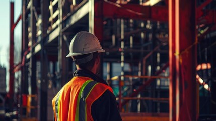 Construction worker in safety gear overseeing project