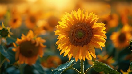 A field of tall, golden sunflowers basking in the sunlight.