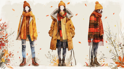Fototapeta premium Three women are wearing different types of clothing, including a plaid scarf